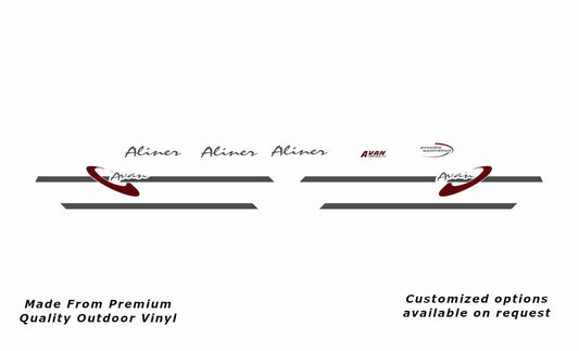Avan Aliner 2002 with extended front boot decal kit caravan replacement vinyl decal sticker kit in dark grey and purple red.