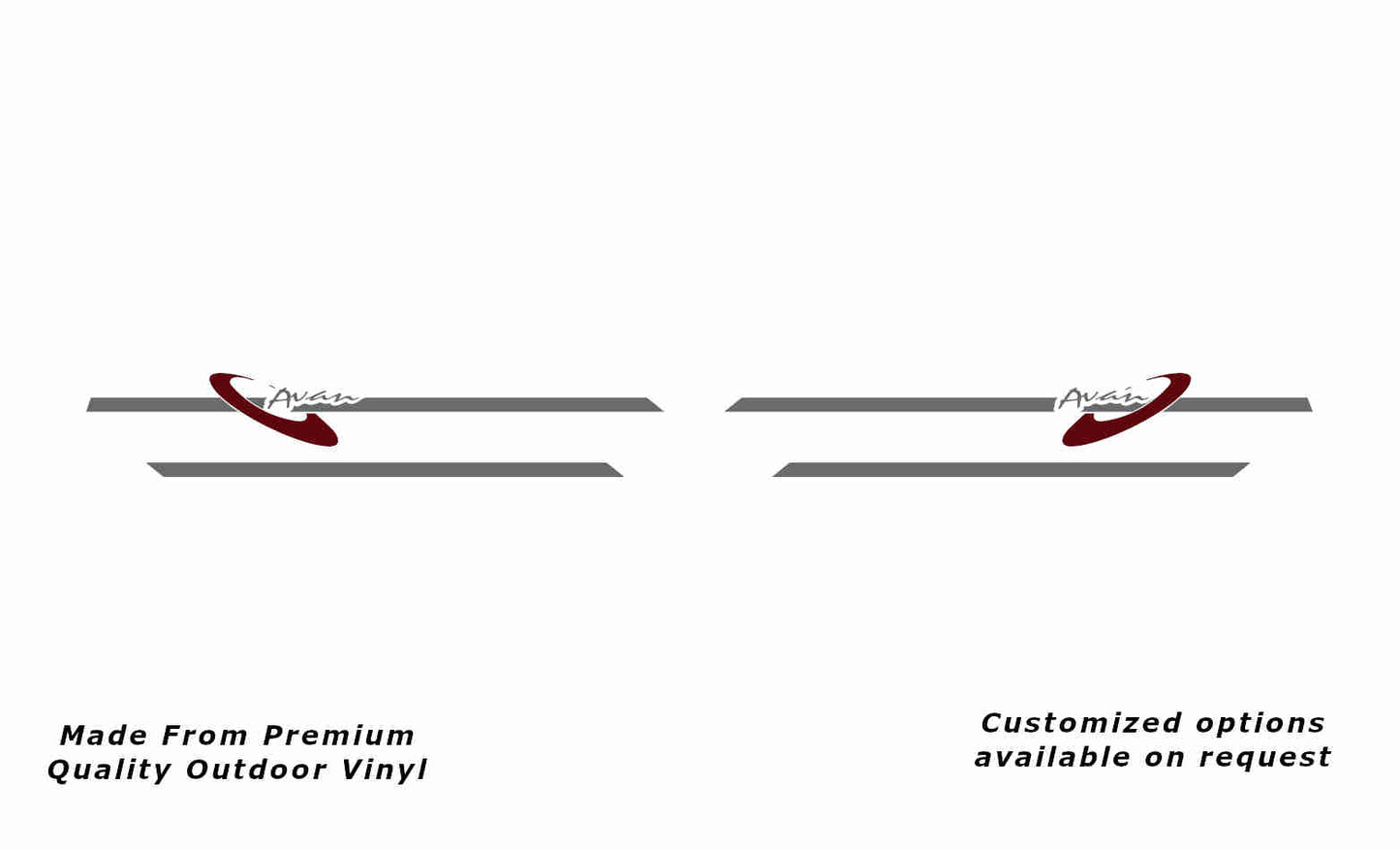 Avan Aliner 2002+ with extended front boot side stripes caravan replacement vinyl decal sticker in silver grey and purple red.