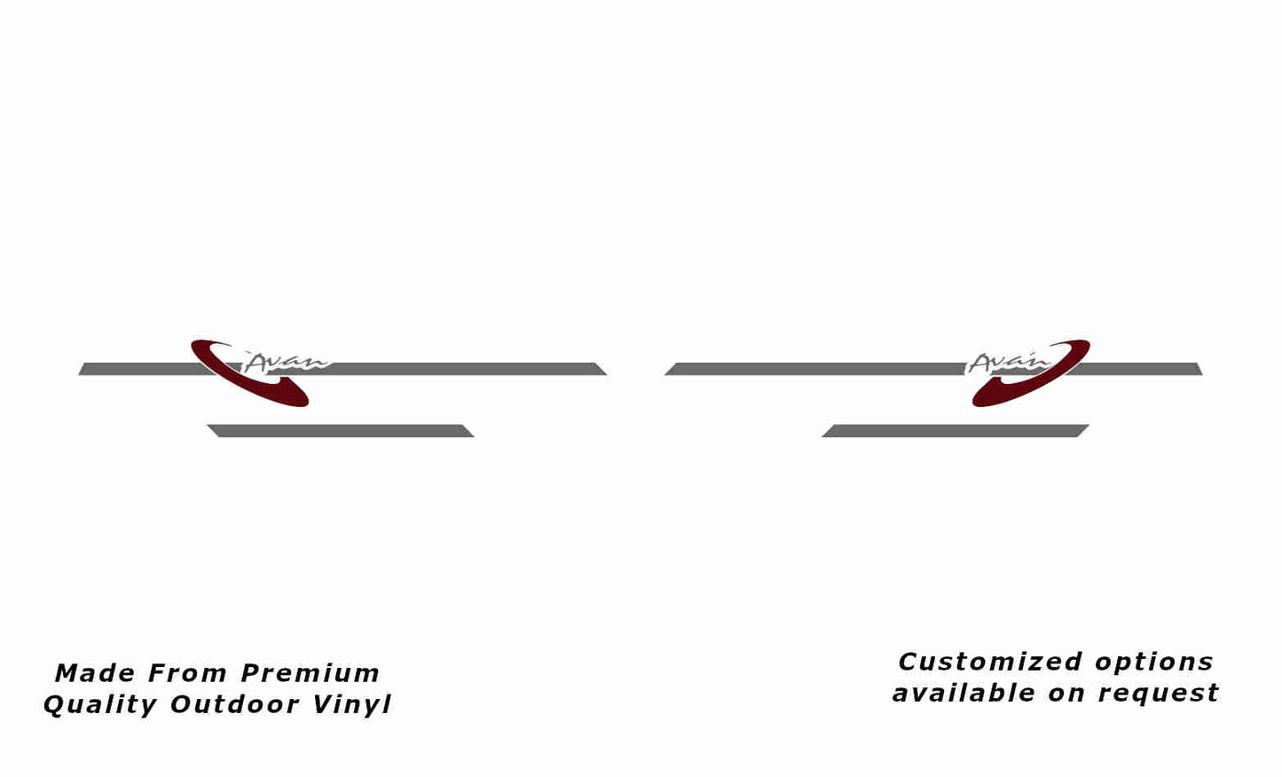 Avan Aliner 2002+ standard front side stripes caravan replacement vinyl decal sticker in silver grey and purple red.