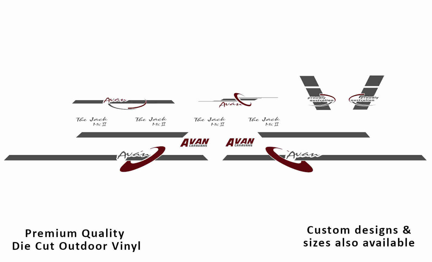 Avan the jack mkii caravan replacement vinyl decal kit in dark grey and purple red.