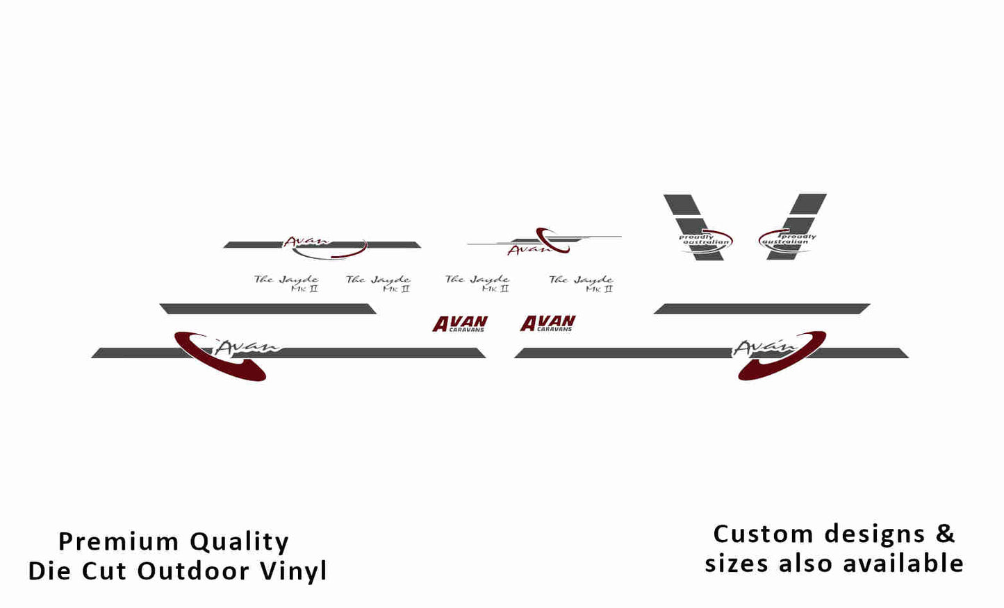 Avan the jayde mkii caravan replacement vinyl decal kit in dark grey and purple red.