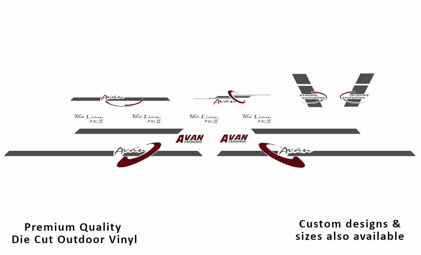 Avan the liam mkii caravan replacement vinyl decal kit in dark grey and purple red.