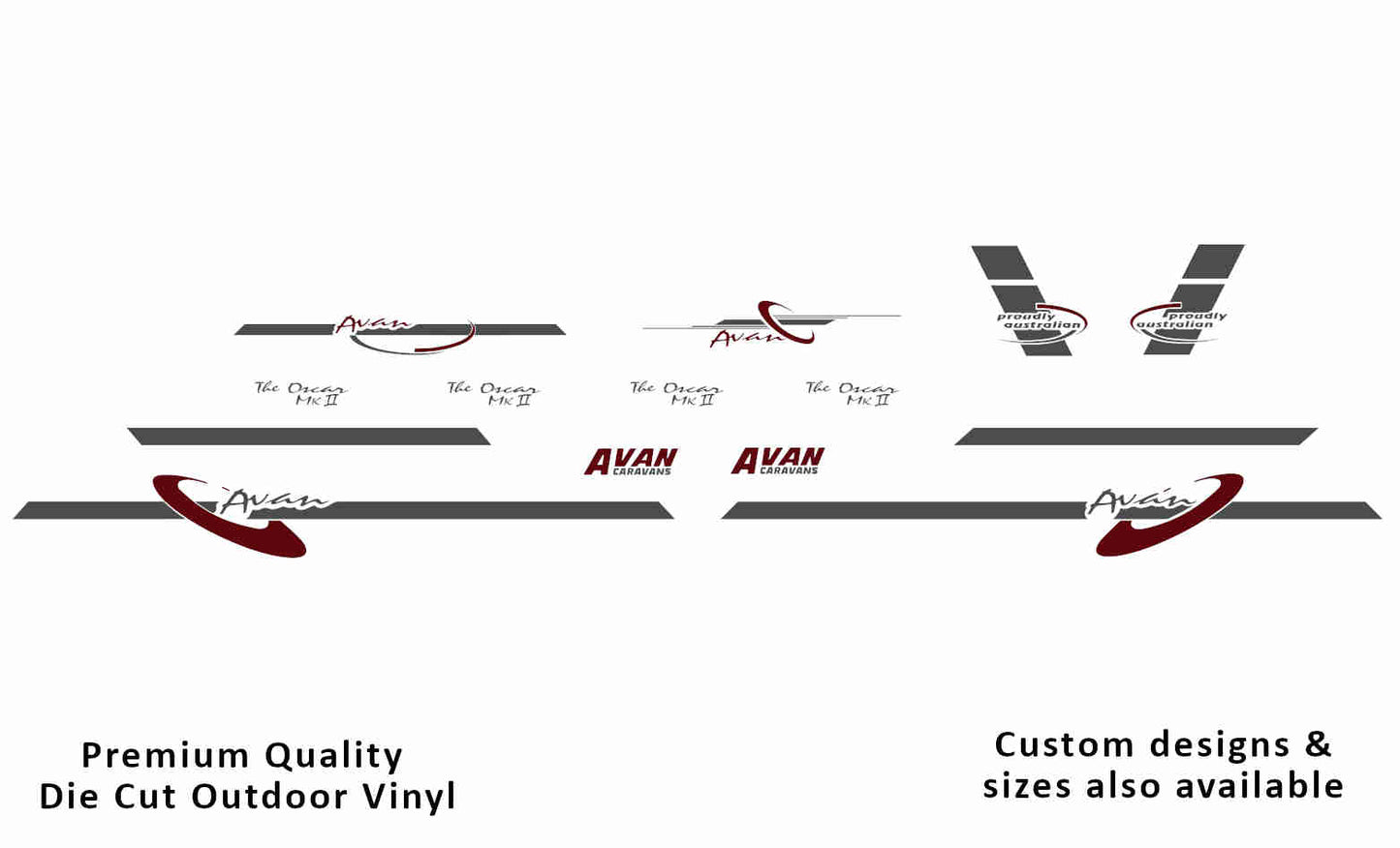Avan the oscar mkii caravan replacement vinyl decal kit in dark grey and purple red.