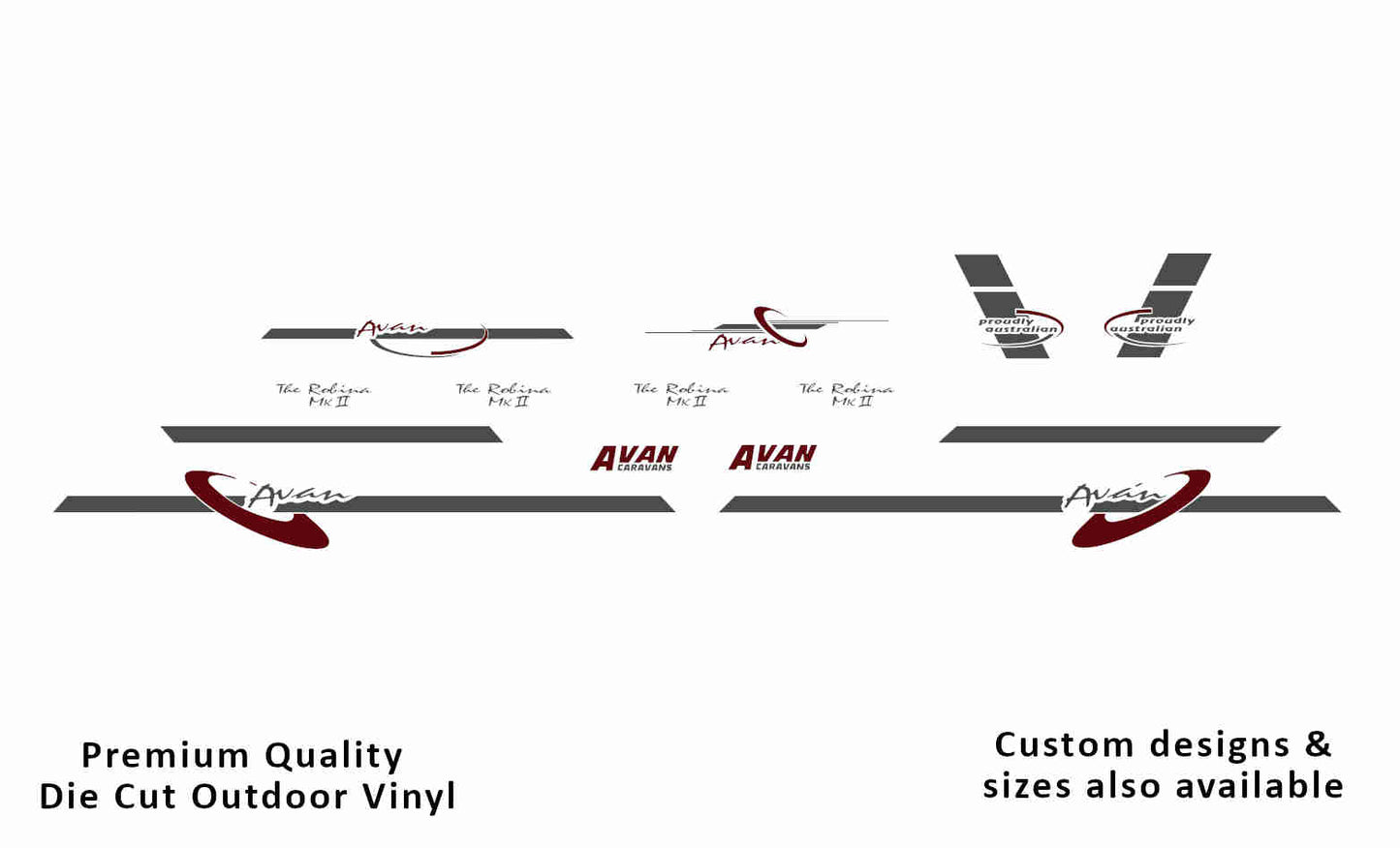 Avan the robina mkii caravan replacement vinyl decal kit in dark grey and purple red.