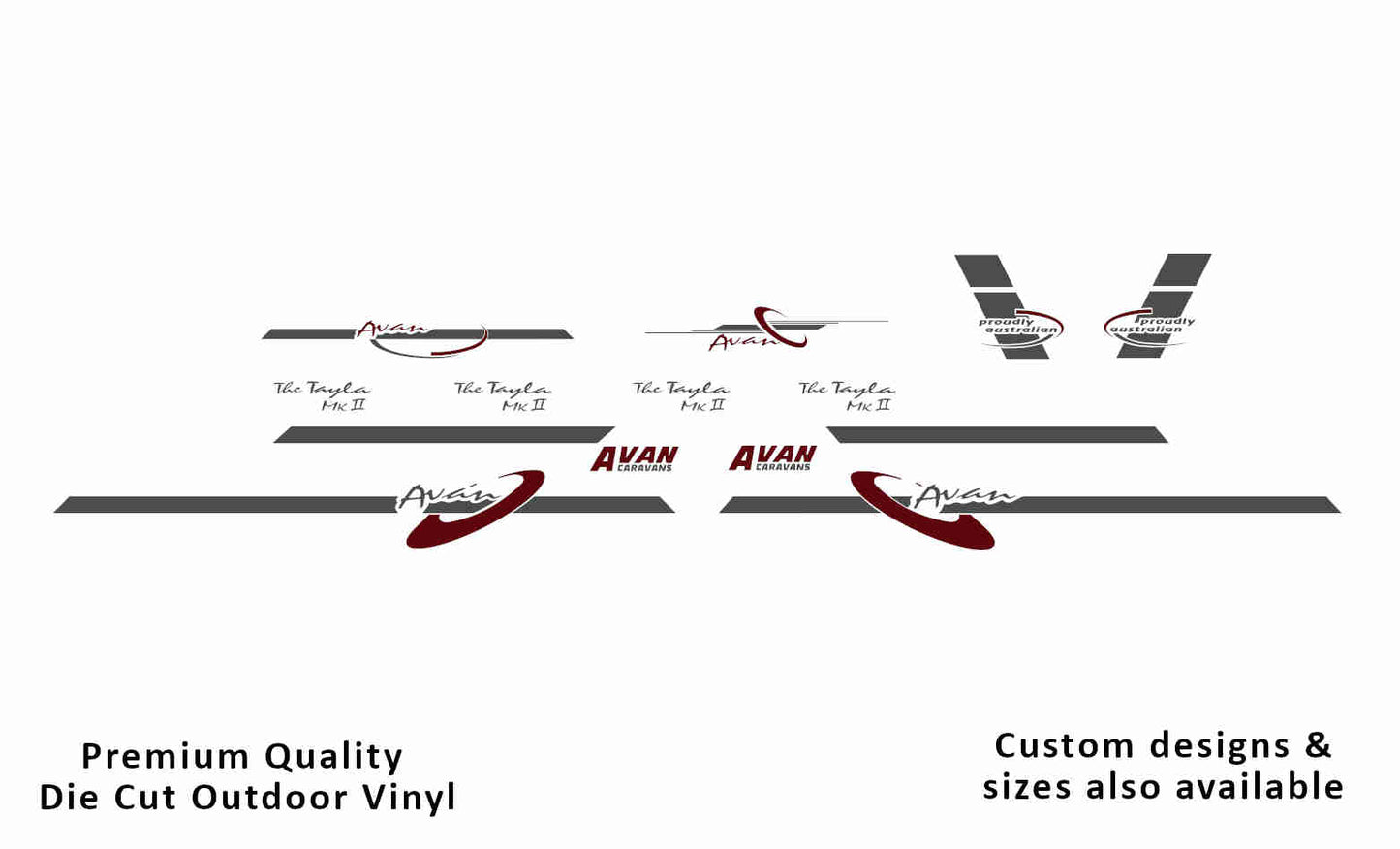 Avan the tayla mkii caravan replacement vinyl decal kit in dark grey and purple red.