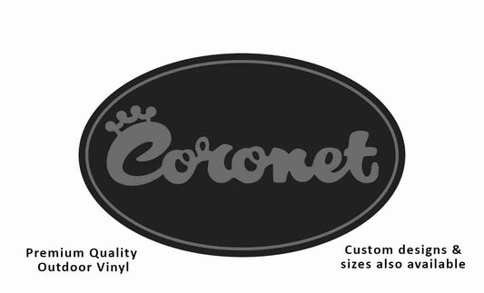 Coronet caravan logo on a black oval background with silver text.