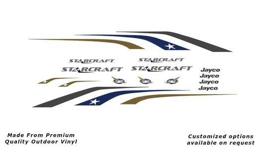 Jayco Starcraft 2013-2014 caravan replacement vinyl decal kit in charcoal, dark blue and gold to suit 19ft to 22ft models.