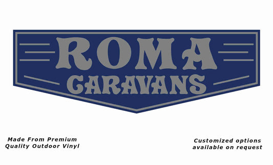 Roma caravans replacement vinyl decal in metallic silver and dark blue.