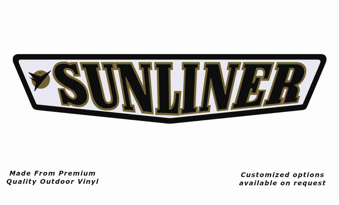 Sunliner 1960s caravan replacement vinyl decal in black, white and gold.