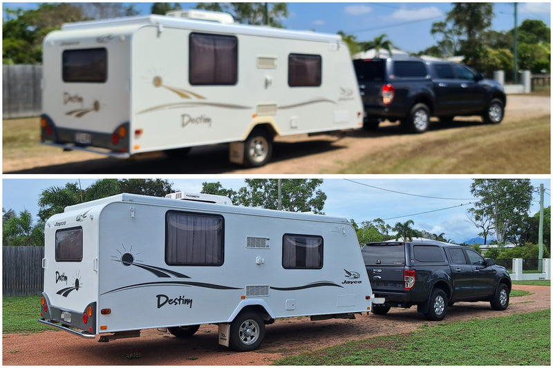 Two images of a white caravan labeled 'Destiny' with a black truck in the background.