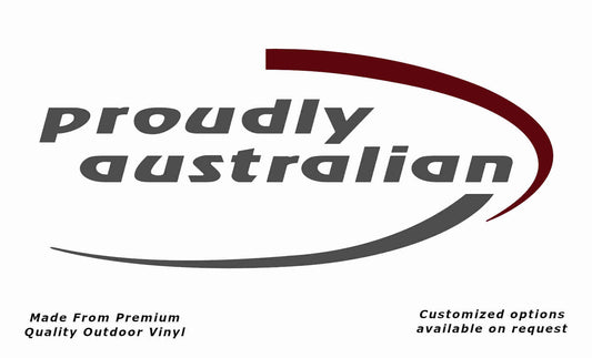 Avan proudly australian drivers side v1 caravan replacement vinyl decal sticker in dark grey and purple red.
