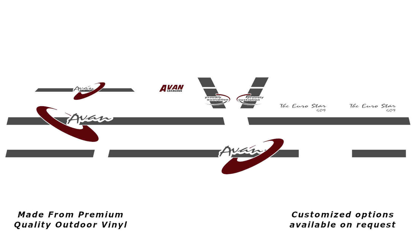 A set of caravan replacement decals and stickers for the Avan Euro Star 609, displayed on a white background.