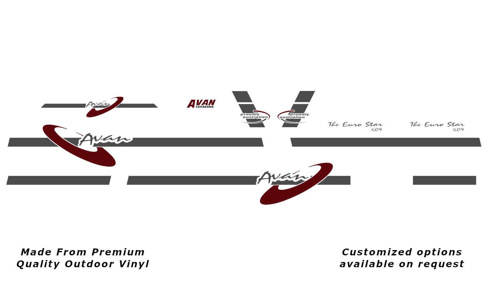 A set of caravan replacement decals and stickers for the Avan Euro Star 609, displayed on a white background.