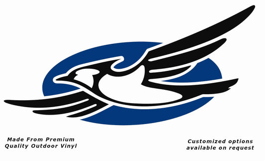 Jayco bird disc left caravan replacement vinyl decal sticker with a black bird and blue disc.