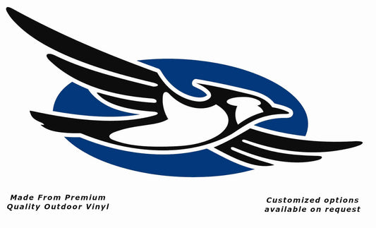 Jayco bird disc right caravan replacement vinyl decal sticker with a black bird and blue disc.
