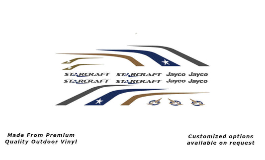 Jayco Starcraft 2013-2014 caravan replacement vinyl decal kit in gunmetal, charcoal, dark blue and gold to suit 15ft to 17ft models.