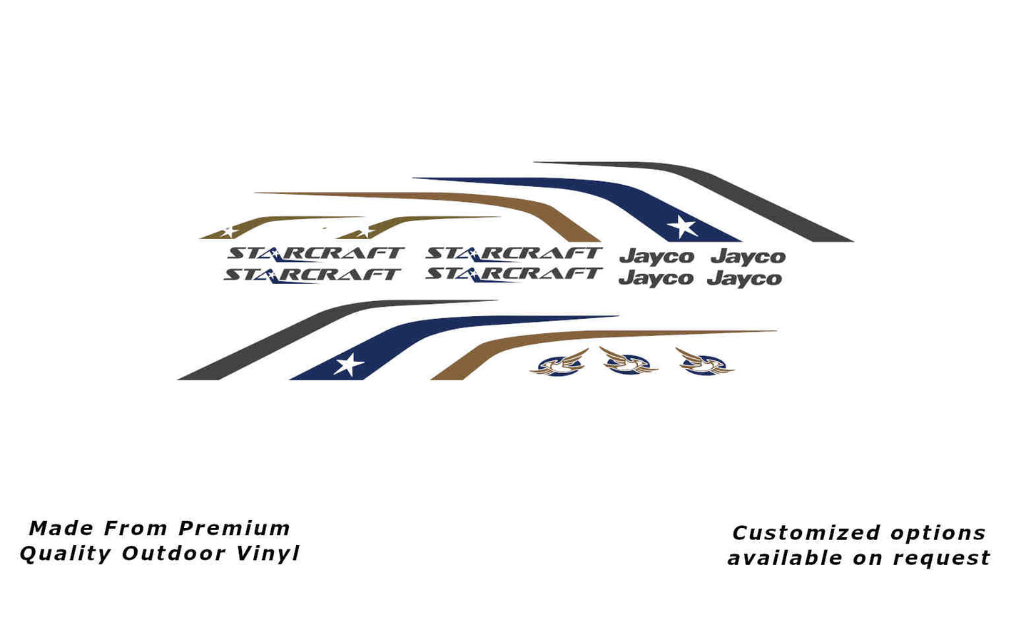 Jayco Starcraft 2013-2014 caravan replacement vinyl decal kit in dark grey metallic, dark blue and gold to suit 15ft to 17ft models.