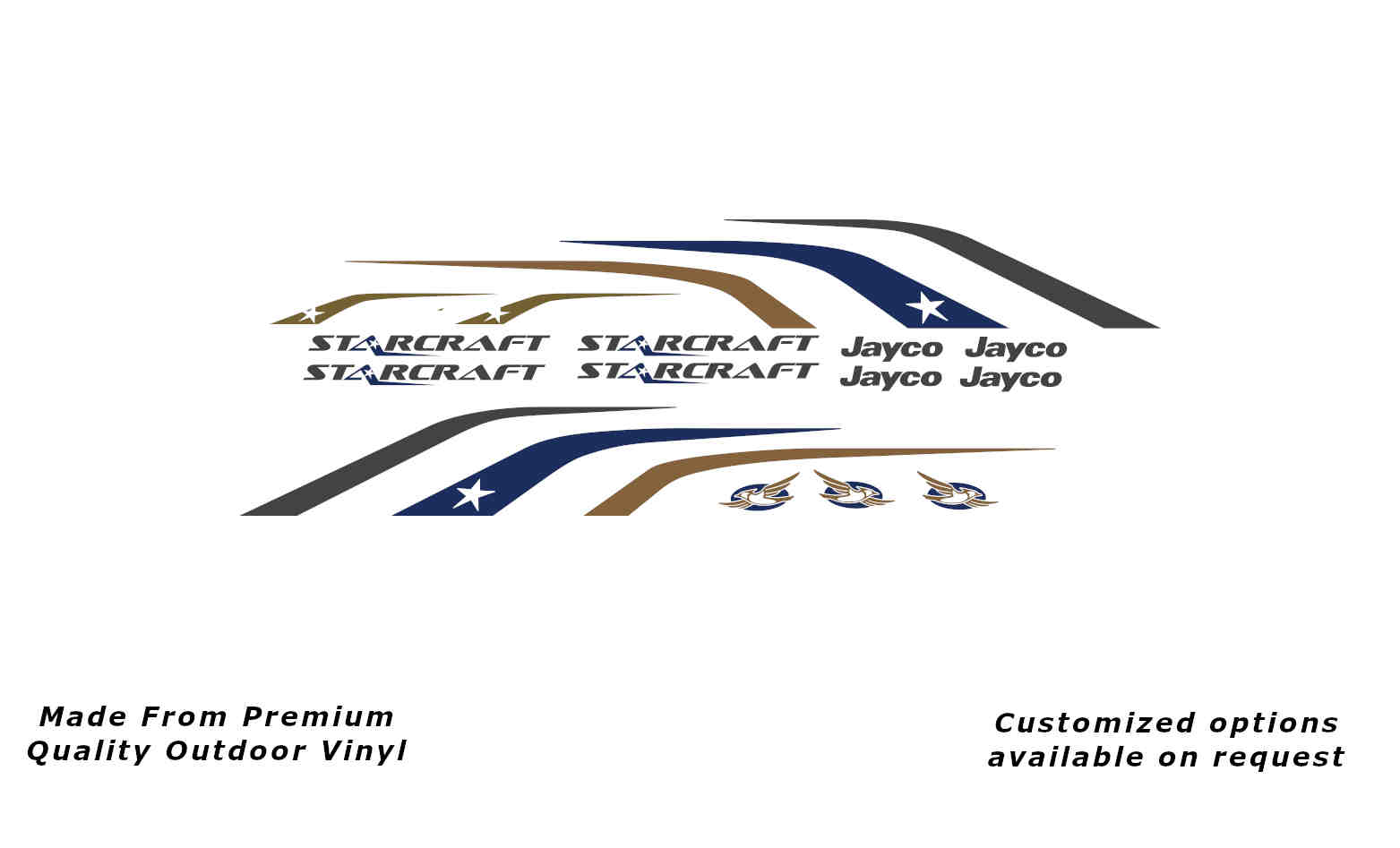 Jayco Starcraft 2013-2014 caravan replacement vinyl decal kit in dark grey metallic, dark blue and gold to suit 15ft to 17ft models.
