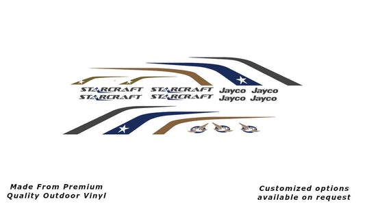 Jayco Starcraft 2013-2014 caravan replacement vinyl decal kit in dark grey metallic, dark blue and gold to suit 15ft to 17ft models.