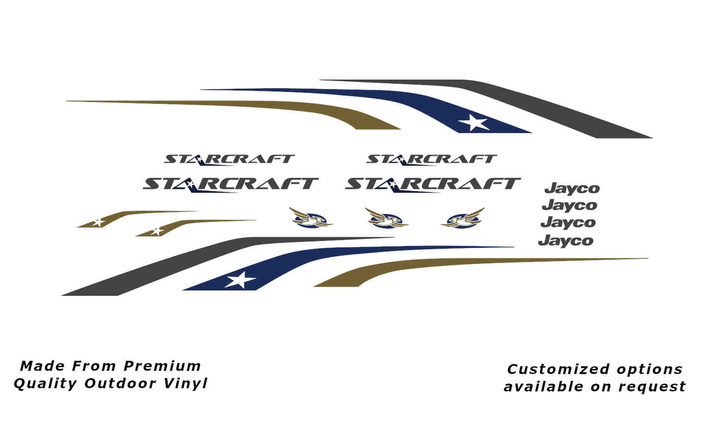 Jayco Starcraft 2013-2014 caravan replacement vinyl decal kit in dark grey metallic, dark blue and gold to suit 18ft to 22ft models.