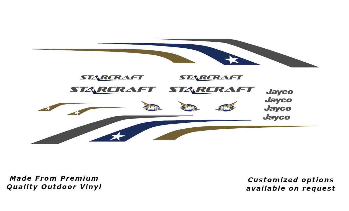 Jayco Starcraft 2013-2014 caravan replacement vinyl decal kit in gunmetal, charcoal, dark blue and gold to suit 18ft to 22ft models.