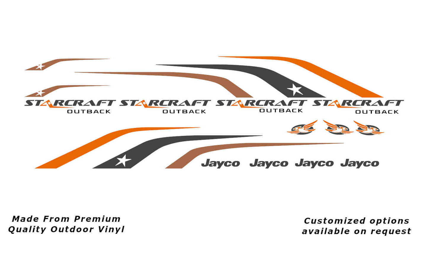 Jayco Starcraft Outback 2013-2014 caravan replacement vinyl decal kit in charcoal, dark blue and gold to suit 15ft to 17ft models.