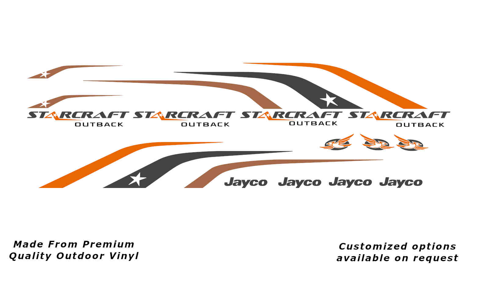Jayco Starcraft Outback 2013-2014 caravan replacement vinyl decal kit in charcoal, dark blue and gold to suit 15ft to 17ft models.