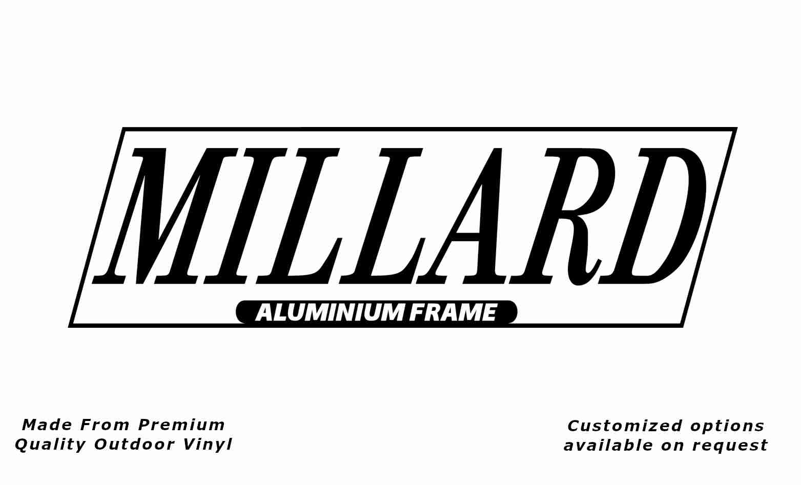 Millard aluminium frame caravan vinyl replacement decal sticker in black.