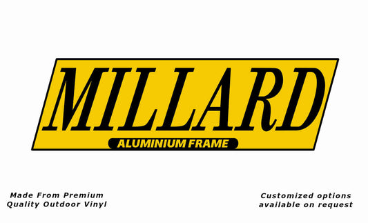 Millard aluminium frame caravan vinyl replacement decal sticker in black and yellow.