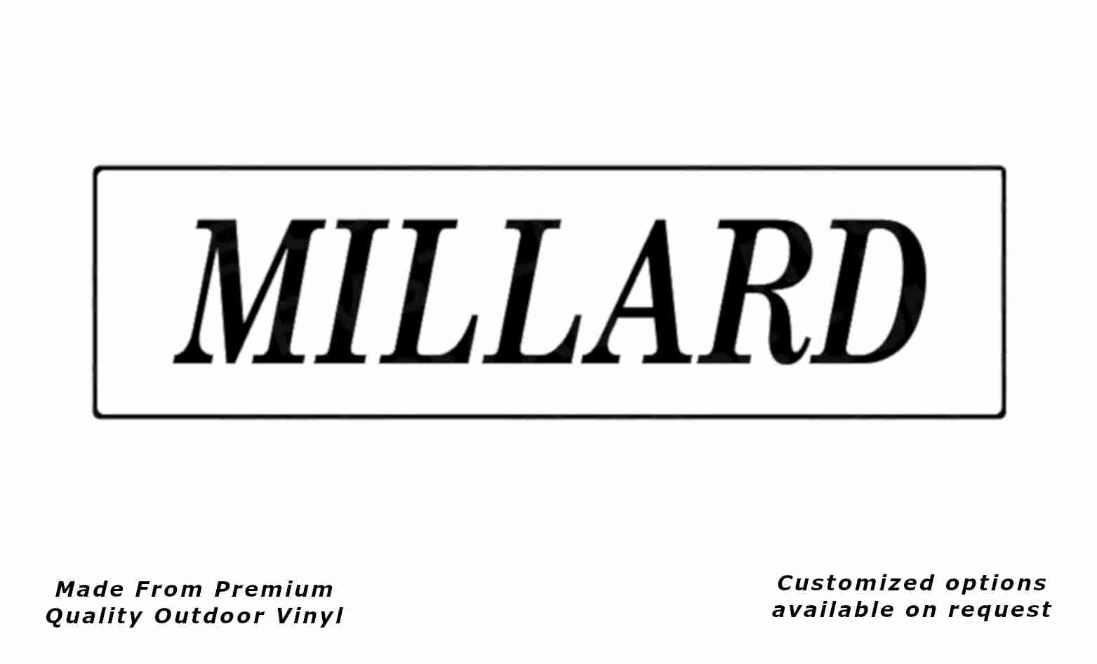 Millard with border, caravan vinyl replacement decal sticker in black.