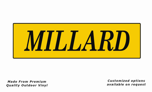 Millard with border, caravan vinyl replacement decal sticker in black and yellow.