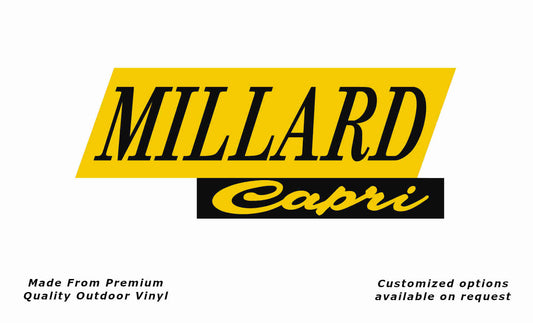 Millard capri caravan vinyl replacement decal sticker in black and yellow.