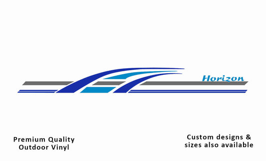 Millard horizon 2003-05 front caravan replacement decals and stickers in brilliant-blue, light-blue and silver-grey.
