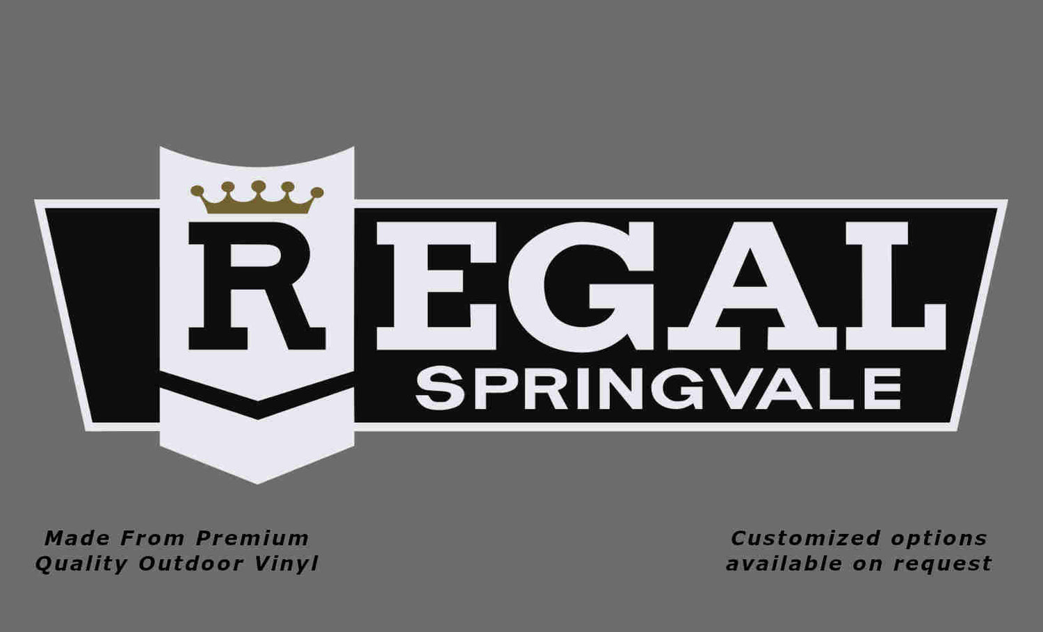 Regal springvale caravan replacement vinyl decal in black, white and gold.