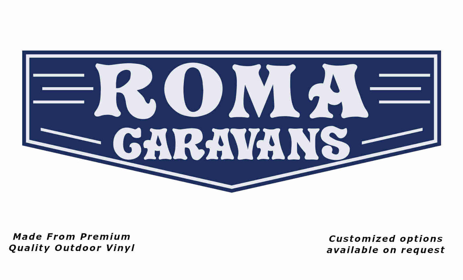 Roma caravans replacement vinyl decal in white and dark blue.